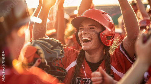 Closeup photo of a softball players celebrating a victory in the evening with fans in the background