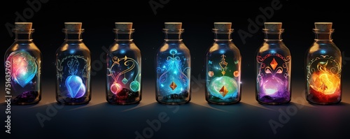 Magic bottles with magic elixirs for love spells, sorcery and divination. Magic illustration and alchemy. Digital ai art