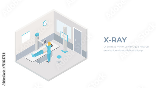 X-ray female medical diagnostics bones skeleton checkup flat 3d Isometric healthcare web concept. Doctor room interior xray diag. Creative people collection.