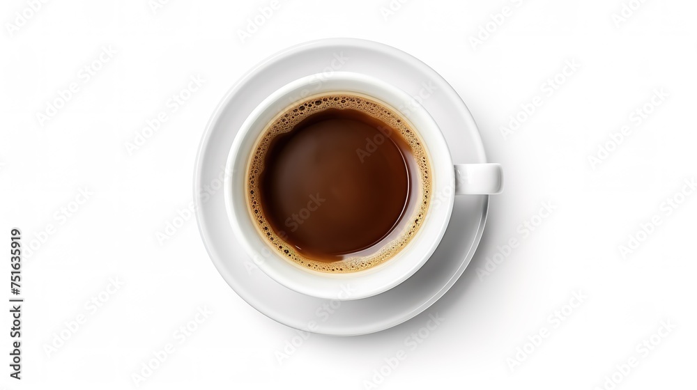 Coffee cup placed to the coffee beans. On the white table in day light. From the top Coffee cup placed to the coffee beans. On the white table in day light. From the top