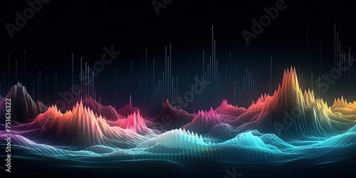 Abstract digital landscape of audio spectrum with colorful peaks and valleys in a dark space-like backdrop