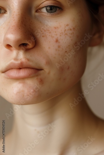 Young woman with acne inflammation on face over beige background