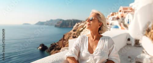 A beautiful senior woman sits with a sea view and enjoys her summer vacation. Travelling advertising. Active happy life. © Elen Koss
