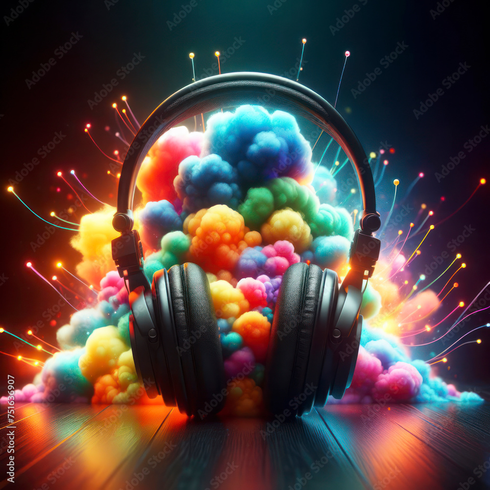 music background with headphones and vibrant colors clouds on solid black background. ai generative