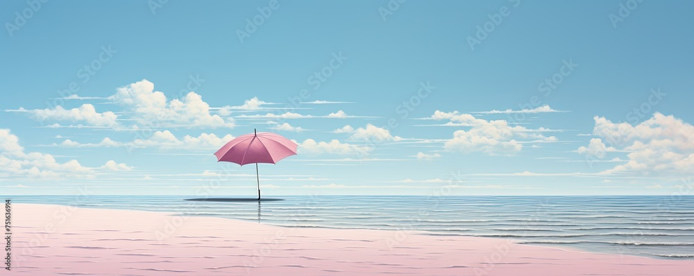 A lone pink umbrella dances in the salty sea breeze, casting a whimsical shadow on the warm sand as it stands boldly against the endless sky and crashing waves