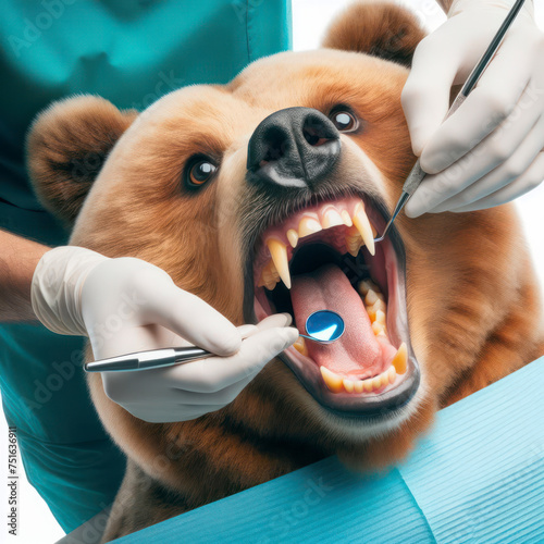 portrait bear with open mouth being examined by a dentist isolated on white background. ai generative photo