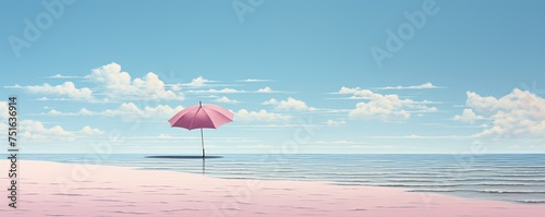 A lone pink umbrella dances in the salty sea breeze, casting a whimsical shadow on the warm sand as it stands boldly against the endless sky and crashing waves