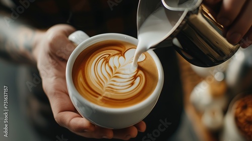 Barista making pouring stream milk with coffee latte art pattern heart shape photo