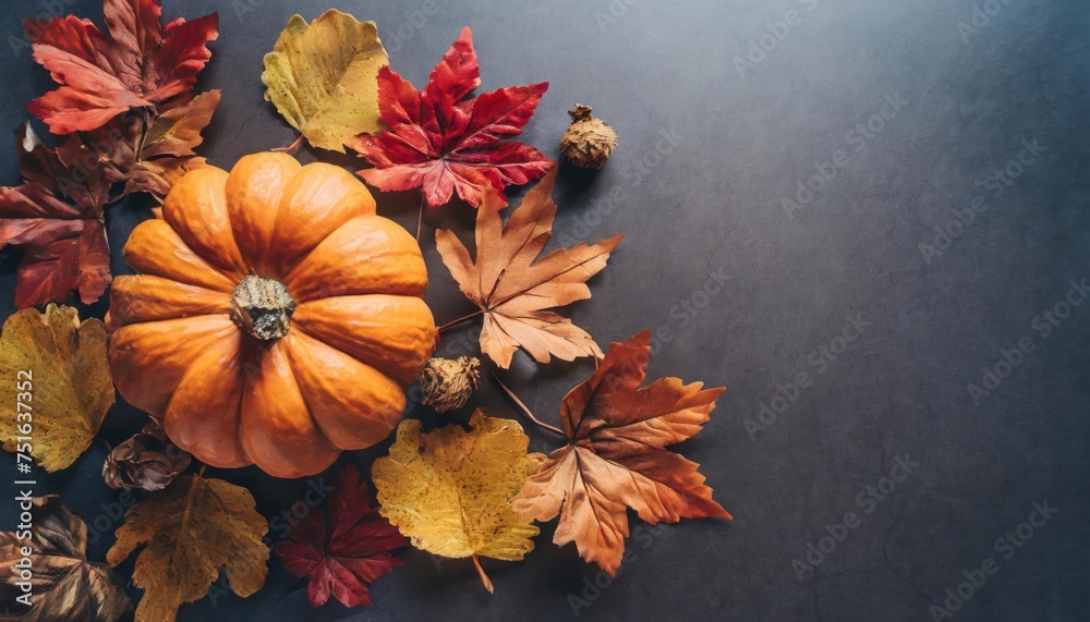 Thanksgiving and Autumn decoration concept made from autumn leaves and pumpkin on dark background. Flat lay, top view with copy space. Thanksgiving and Autumn decoration concept made from autumn leaves and pumpkin on dark background. Flat lay, top view with copy space.