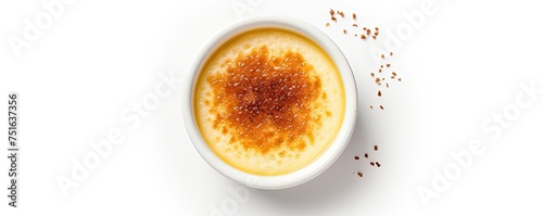 Top view of creme brulee traditional French vanilla cream dessert isolated on the white background