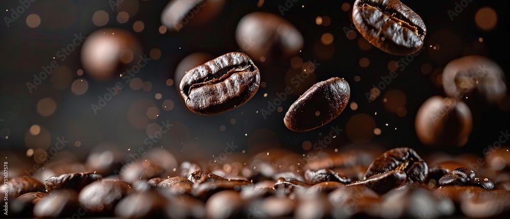 Coffee beans in flight on a dark background Coffee beans in flight on a dark background