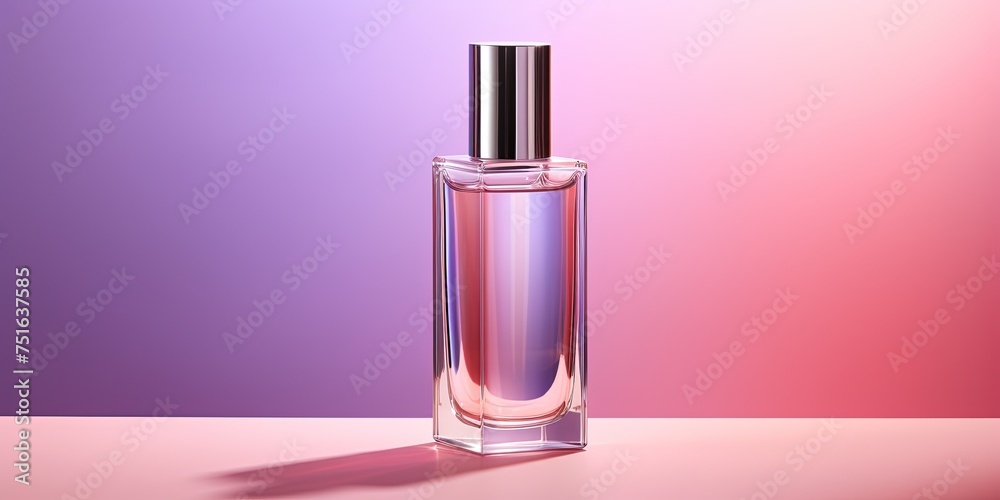 A sleek perfume bottle with metallic spray head against a soft pink and purple background with shadows A sleek perfume bottle with metallic spray head against a soft pink and purple background with shadows
