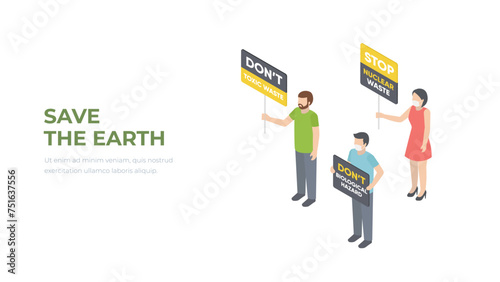 Isometric environmental protest. An action to protect the environment. Picket of eco activists vector illustration. Save the Earth.