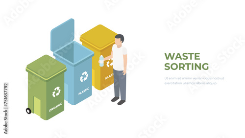 Eco lifestyle concept in 3d isometric design. Separating trash into different bins and recycling garbage. Character sorts the trash, person throws away the waste for recycling vector illustration.