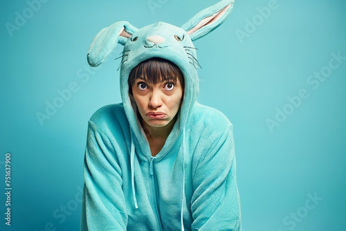 Femme faisant une grimace avec une forte expression vêtue d'un costume de lapin de Pâques de couleur