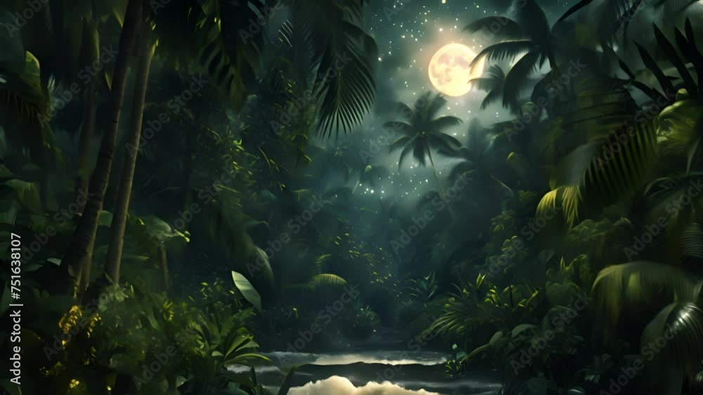 Tropical jungle by night with sparkling fireflies. Flying through foliage in a dark jungle with lots of colorful fireflies. 4k video. Fairy forest beautiful dream landscape nature