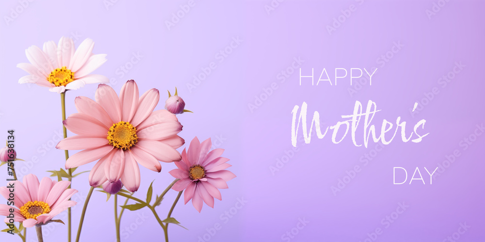 Beautiful flowers on lilac background. Mother's Day Greeting banner.