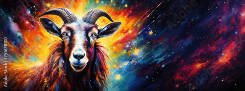 Majestic goat, starlit horns, mountainous backdrop, cosmic sky, nebulae, digital art, fantasy, animal portrait, space theme, vibrant colors, glowing effects, interstellar environment.