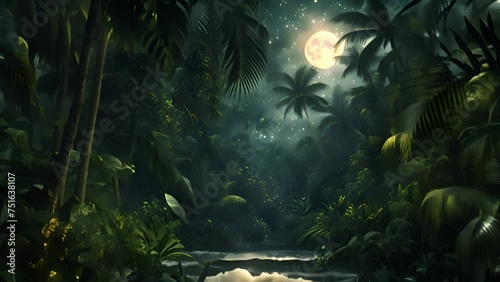 Tropical jungle by night with sparkling fireflies. Flying through foliage in a dark jungle with lots of colorful fireflies. 4k video. Fairy forest beautiful dream landscape nature photo