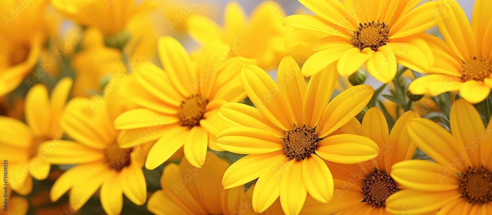 Fototapeta premium A bunch of vibrant yellow daisies is arranged neatly inside a clear vase, showcasing their bright color and delicate petals. The daisies are displayed with their stems in water, keeping them fresh and