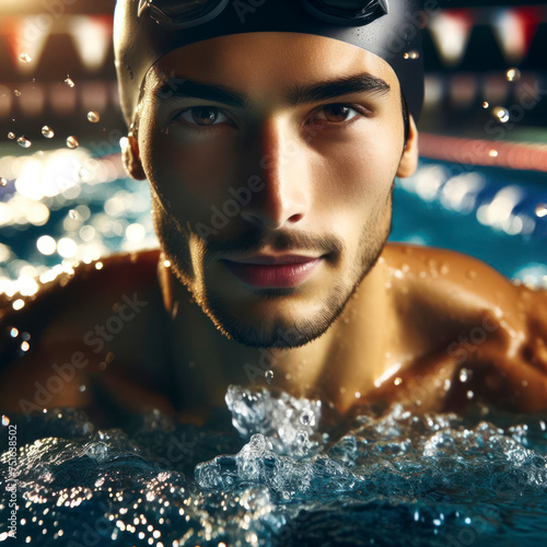 portrait professional swimmer sportsman at swimming pool in water bokeh blured background. ai generative