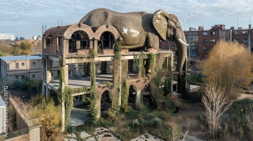 The Elephant Building in a city reclaimed by nature stands as a monument to the memory of giants that once roamed the earth a bridge between eras photo