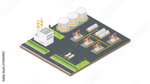Oil industry and transportation composition with refinery and pumpjacks 3d isometric vector illustration