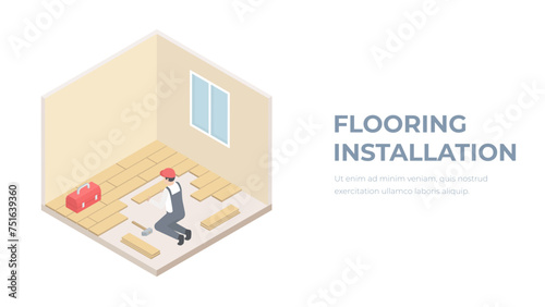 Laying tiles at home. Worker installing small ceramic tiles on bathroom floor and applying mortar with trowel. Isometric vector illustration.