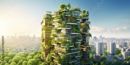 Sustainable green building in modern city. Green architecture. Eco-friendly building. Sustainable building with vertical garden reduce CO2.