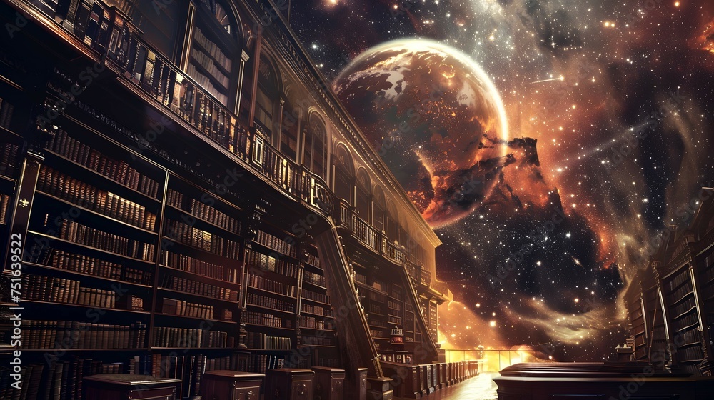 An interstellar library where every book is a world and every page a universe guarded by beings who read the stars