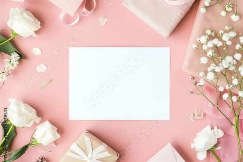 Spring Blossoms Stationery Mockup: Pink and White Floral Arrangement on Elegant White Table Background for Greeting Cards, Invitations, and Gifts © cosinaga