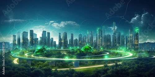 Sprawling green community with Digital smart city infrastructure and rapid data network. Digital city, smart society, smart homes, digital community.