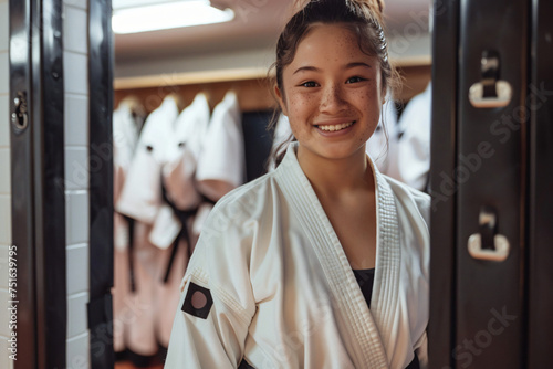 Empowered Martial Artist with Disability Getting Ready at Taekwondo Club Locker Room. Generative AI. photo