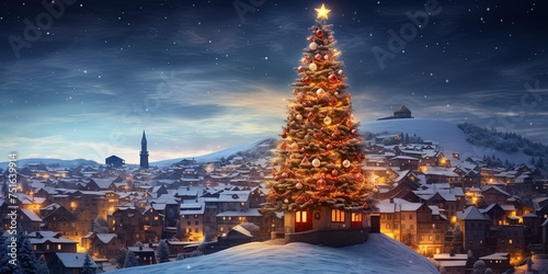 Bright christmas tree shining on top of hill above village