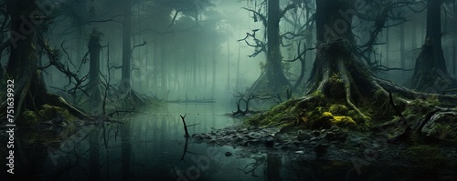 mysterious and misty swamp landscape