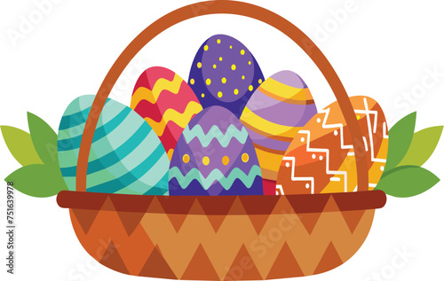Colorful Easter Eggs in a Basket with Leaves on a white background