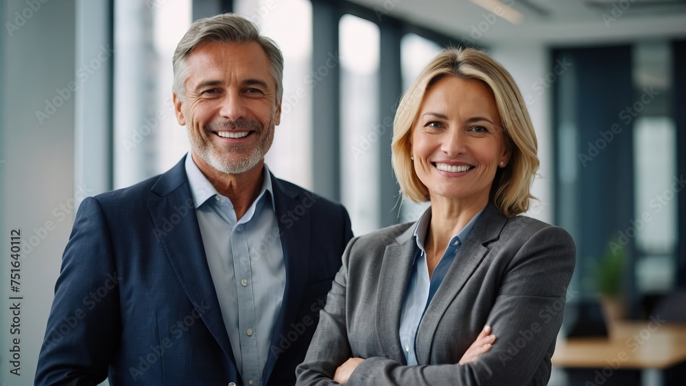 Happy confident professional mature business corporate leaders managers standing in office Happy confident professional mature business corporate leaders managers standing in office