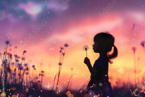 Silhouette of a child blowing a dandelion at twilight with a colorful sky and glowing orbs.