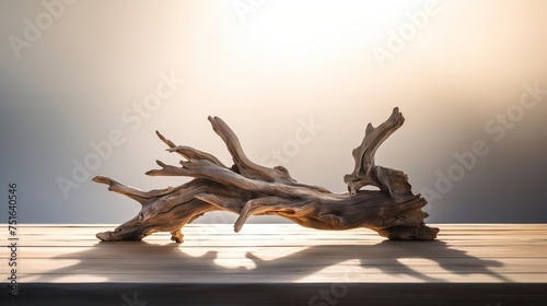 Beautiful winding driftwood for product photography. Grape branch on a table with beautiful sunlight, photo