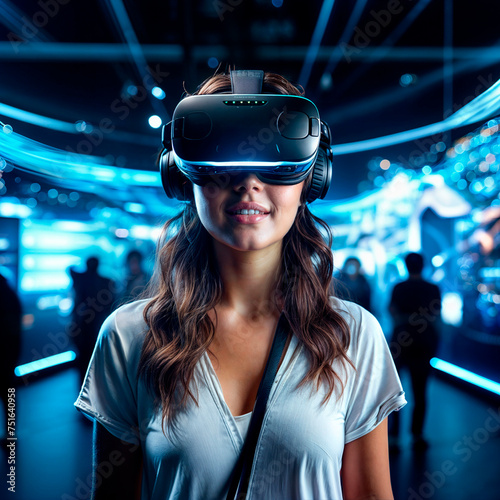 portrait of a woman using virtual reality headset at exhibition show
