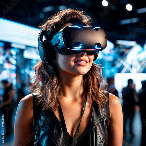 portrait of a woman using virtual reality headset at exhibition show