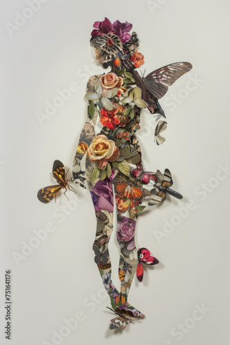 Abstract contemporary art collage portrait of young woman body with flowers and butterflies on face. Generative AI.