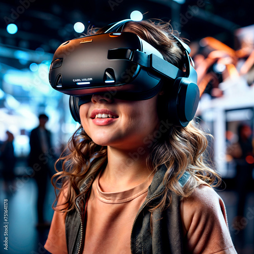 portrait of a young girl using virtual reality headset at exhibition show