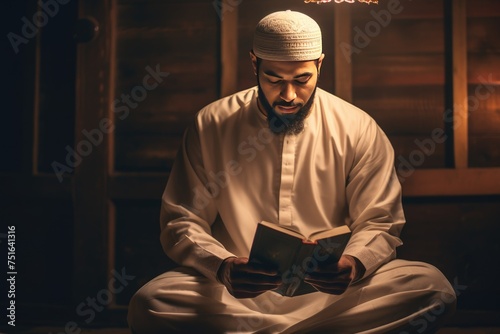 Muslim Man Is Reading The Quran, A Muslim guy is seen reading the Quran, Ai generated