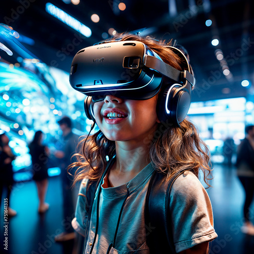 portrait of a young girl using virtual reality headset at exhibition show
