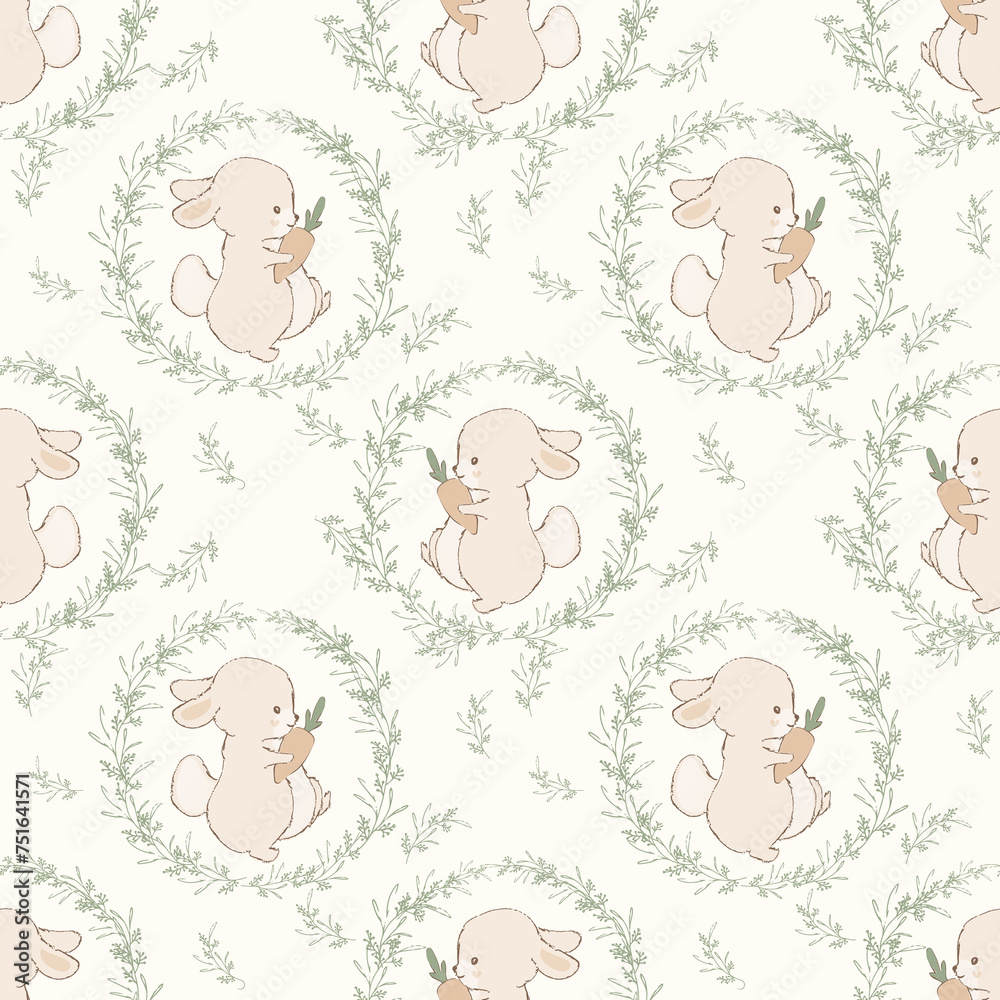 Cute hand drawn Easter seamless pattern with bunnies, flowers, easter eggs, beautiful background, great for Easter Cards, banner, textiles, wallpapers