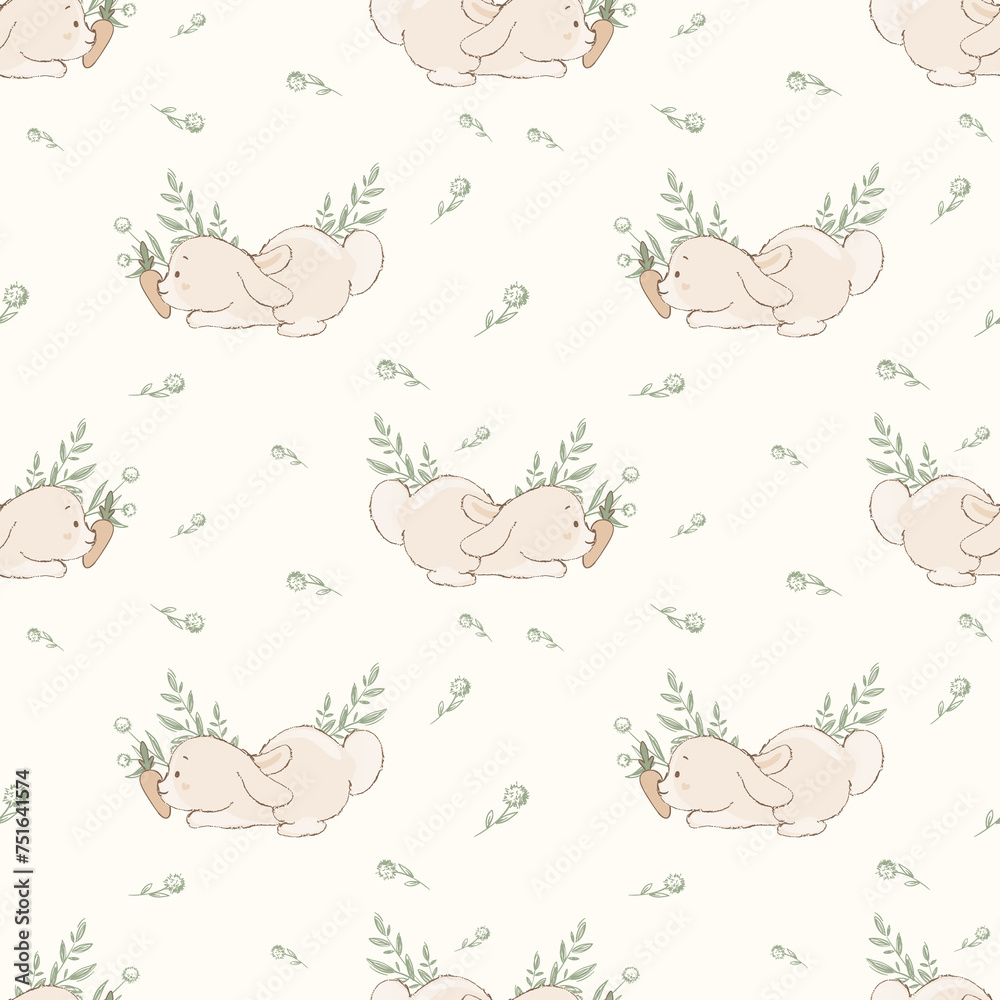 Cute hand drawn Easter seamless pattern with bunnies, flowers, easter eggs, beautiful background, great for Easter Cards, banner, textiles, wallpapers Cute hand drawn Easter seamless pattern with bunnies, flowers, easter eggs, beautiful background, great for Easter Cards, banner, textiles, wallpapers