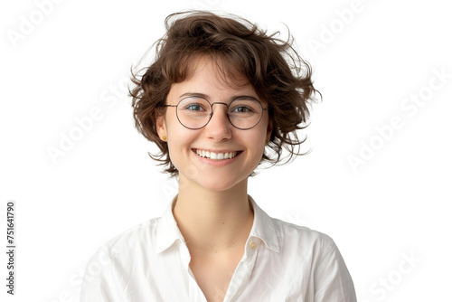 Studio portrait of a beautiful young Caucasian Americana business woman wear glasses and casual shirt with an attractive smile, isolated on transparent png background. © somsuda