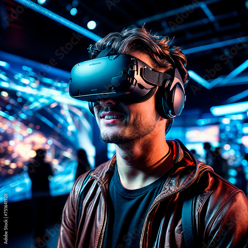 portrait of a man using virtual reality headset at exhibition show
