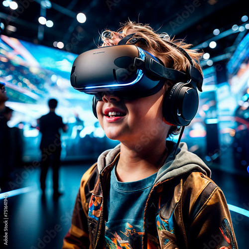 portrait of a young boy using virtual reality headset at exhibition show